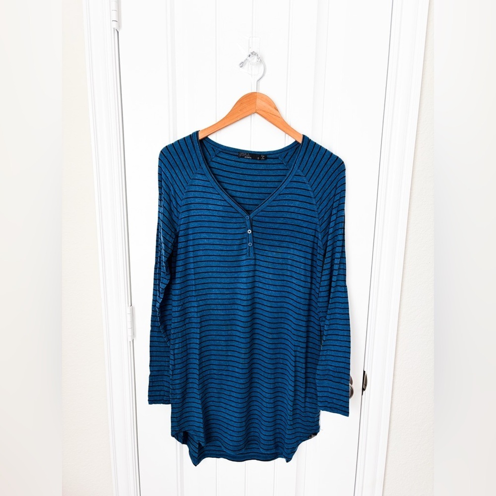 Prana Women’s Blue Black Stripe Long Sleeve Henley Shift Dress V-Neck Size Small